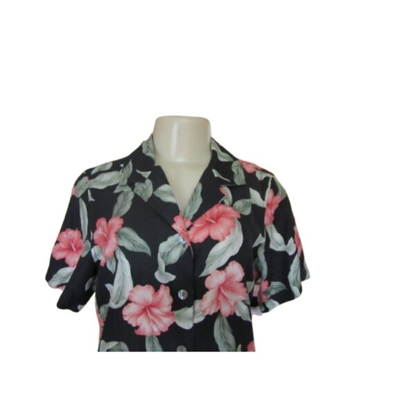Tommy Bahama Floral Button-Up Shirt Black w Pink Hibiscus 100% Silk Size S - Picture 2 of 5